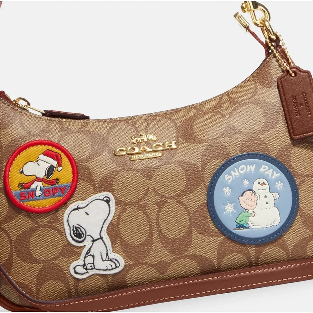 COACH X PEANUTS TERI Shoulder Bag Signature Canvas Snoopy Patches CE848 Org $428_14
